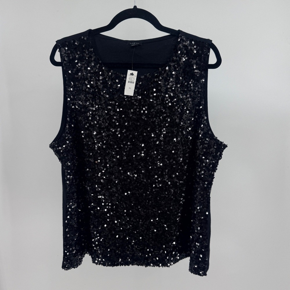 Talbots XL Black Sequin Front Party Tank Sleeveless Scoop Neck Cotton Back Top